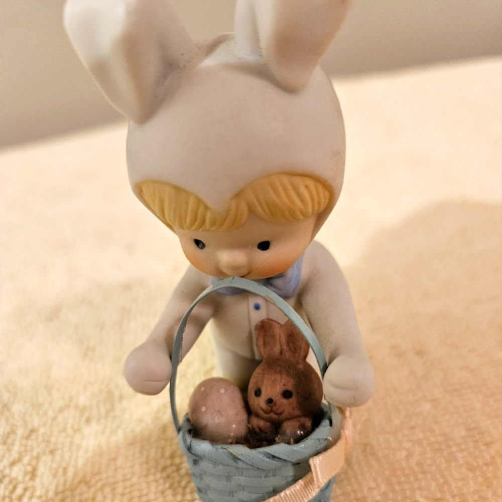 Vintage Enesco Ceramic Baby in a Bunny Suit with an Easter Basket 1983